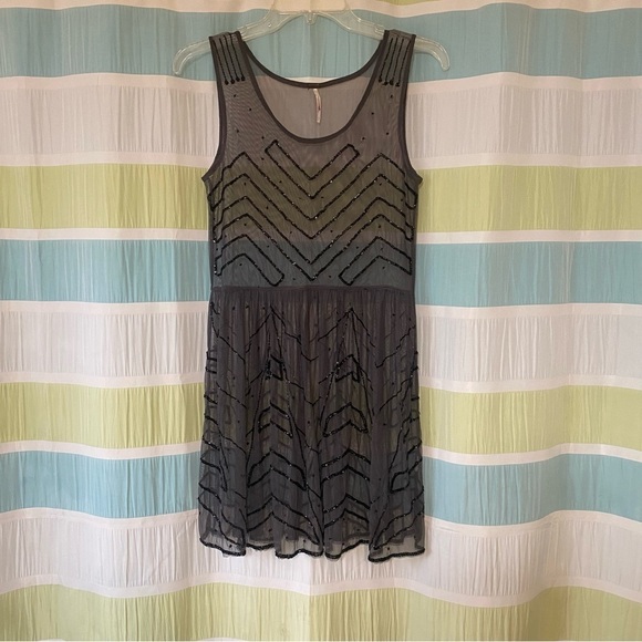 Free People Beaded Sheer Boho Dress Gray Oversized XS - Picture 2 of 8